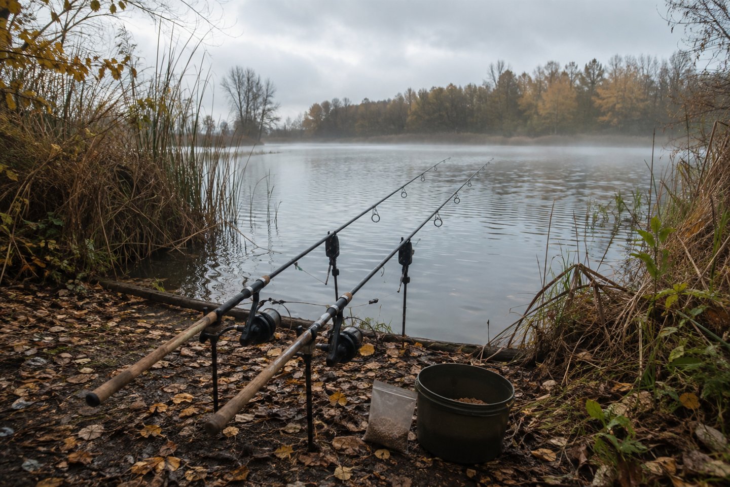 Two carp rods set beside a misty autumn lake with reeds and fallen leaves