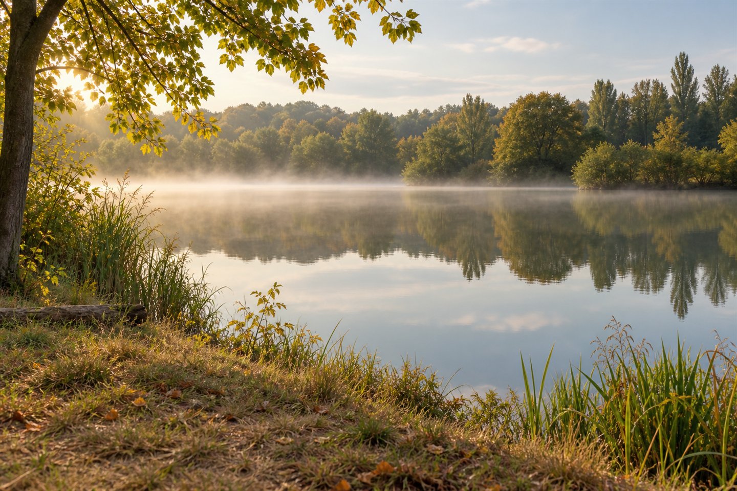 Light mist over a French-style lake with early-autumn leaves along the grassy bank
