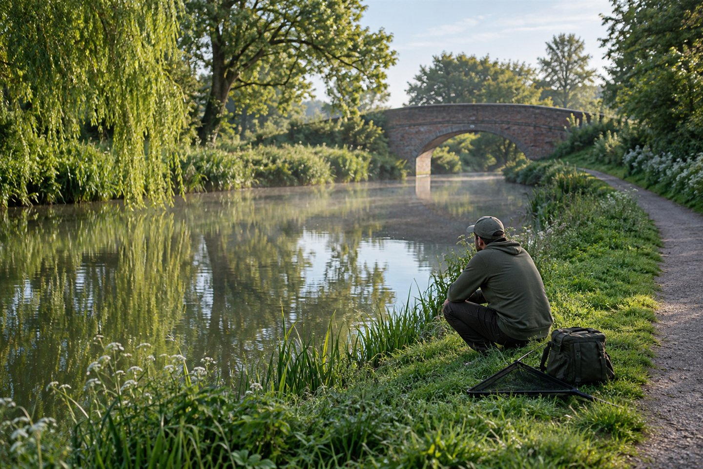 An angler watching an English canal beside compact tackle and a towpath kept clear for other users