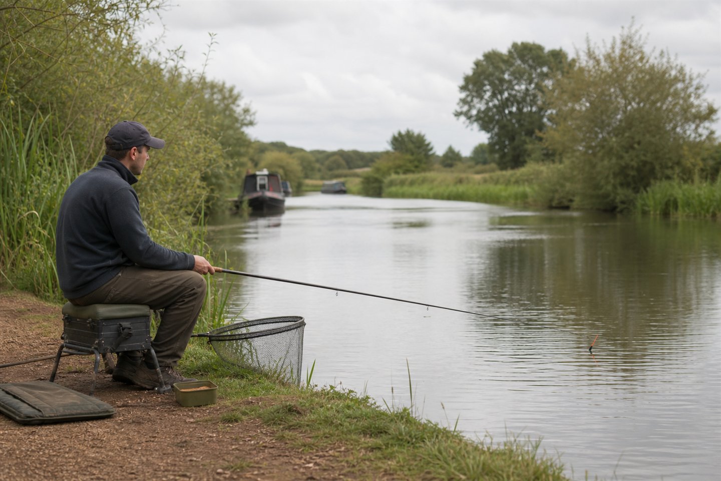 A compact float fishing setup beside a quiet British canal with reeds and a clear towpath