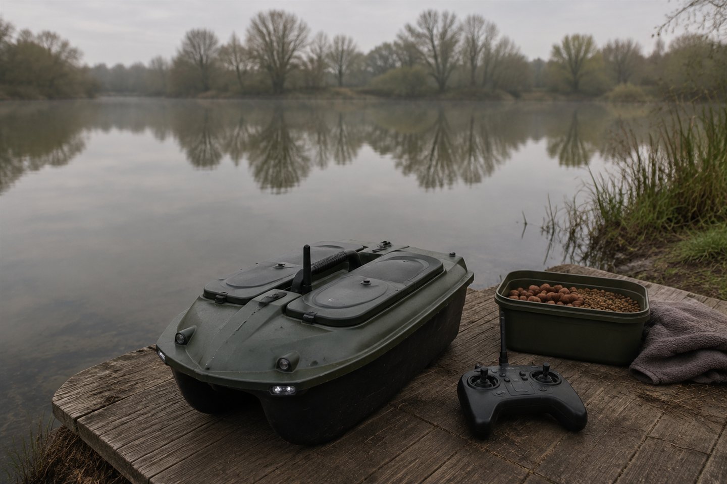 A compact carp bait boat, controller and measured bait prepared beside a lake
