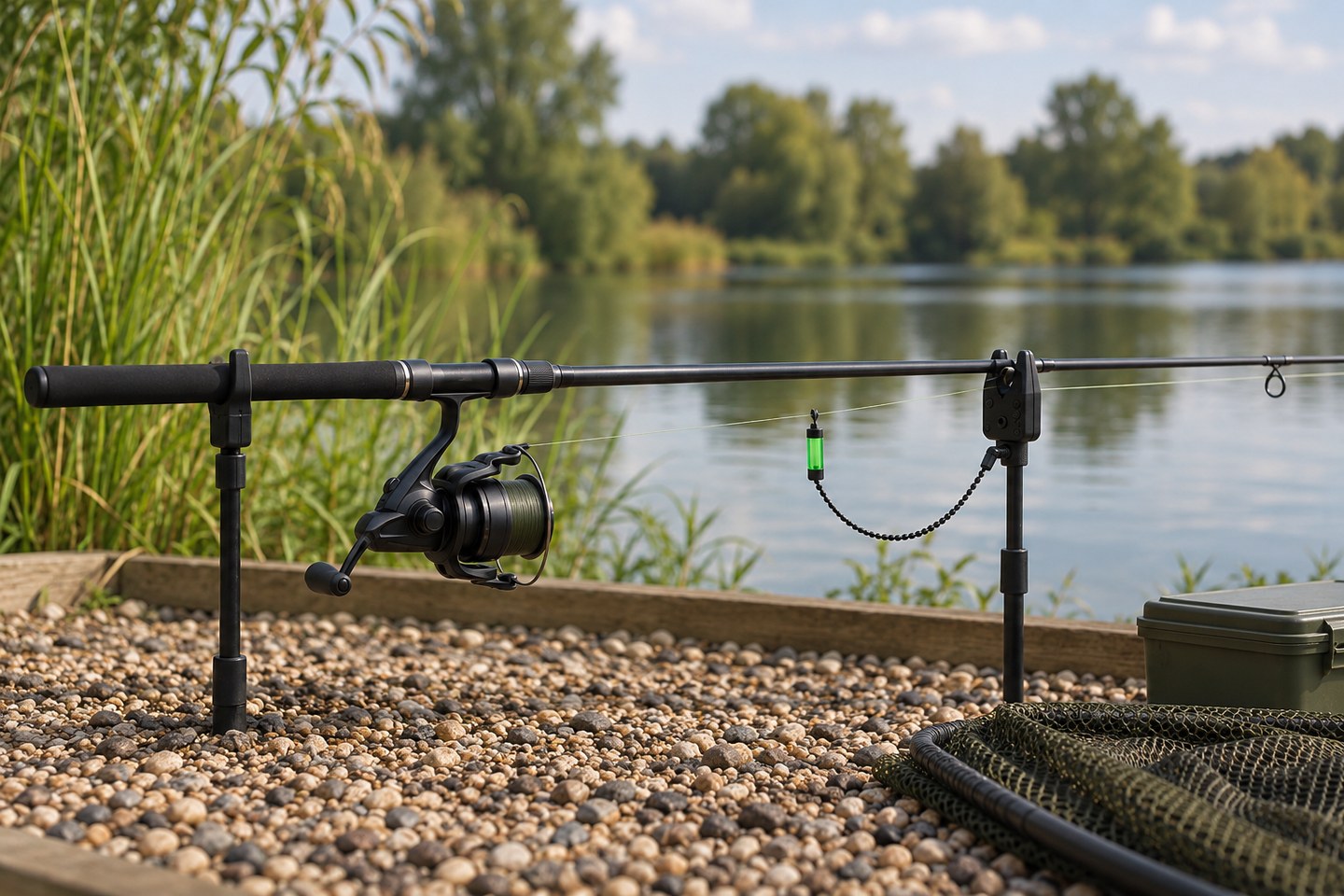 One carp rod seated in a bite alarm, with a rear rest and bobbin clipped to the mainline