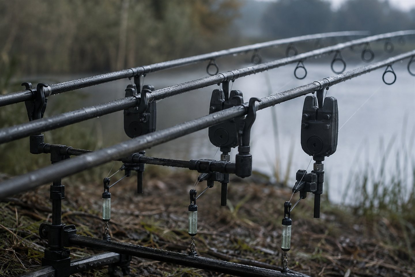 Three carp bite alarms with bobbins fitted beneath securely supported rods