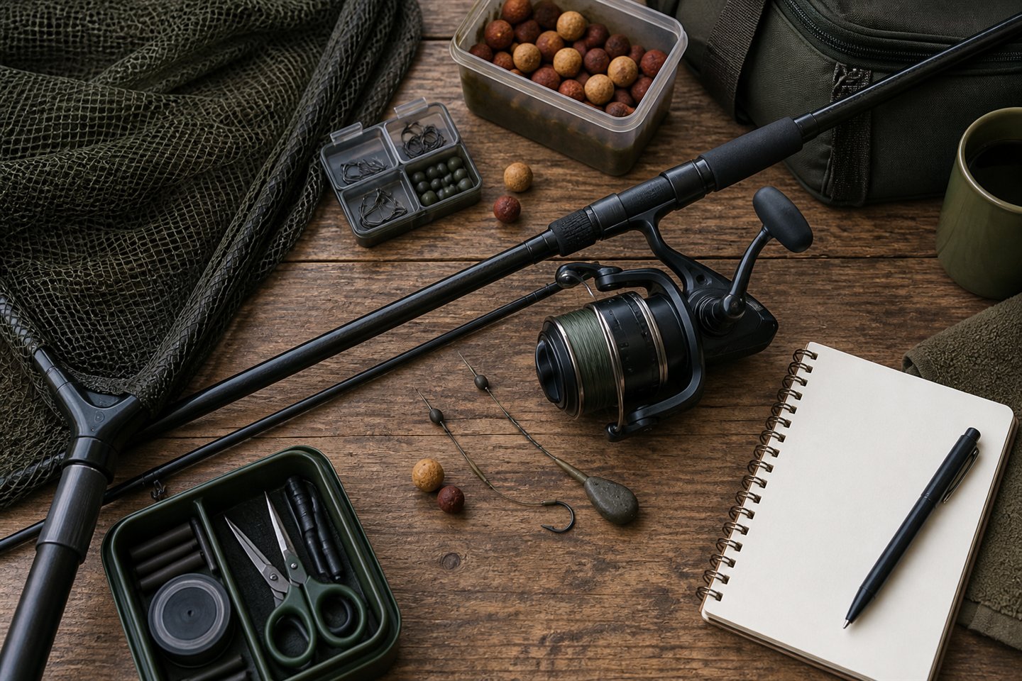 Carp tackle, a reel, net, bait and a blank notebook arranged on a wooden table