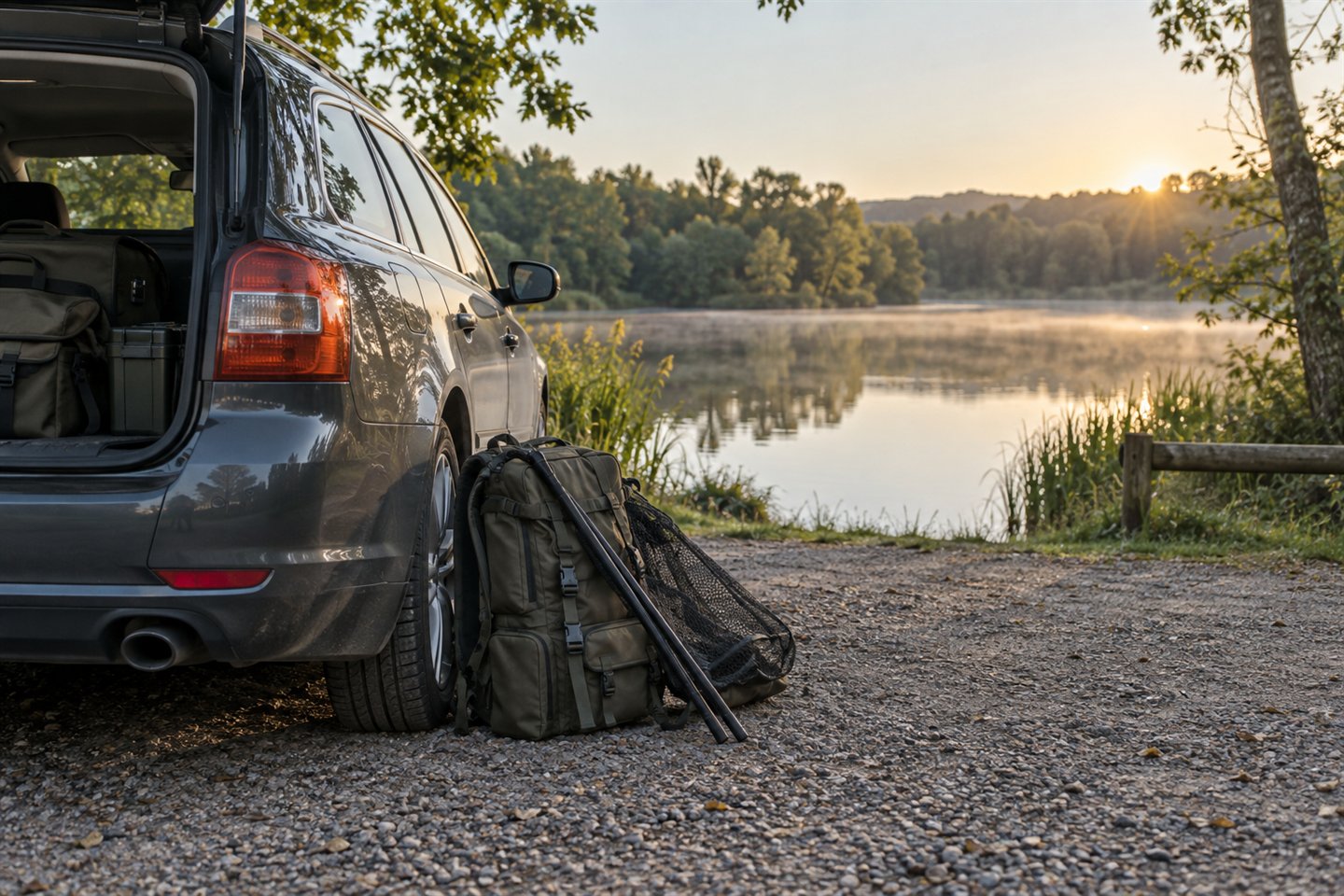 A packed estate car, fishing rucksack and folded landing net at a lakeside parking area