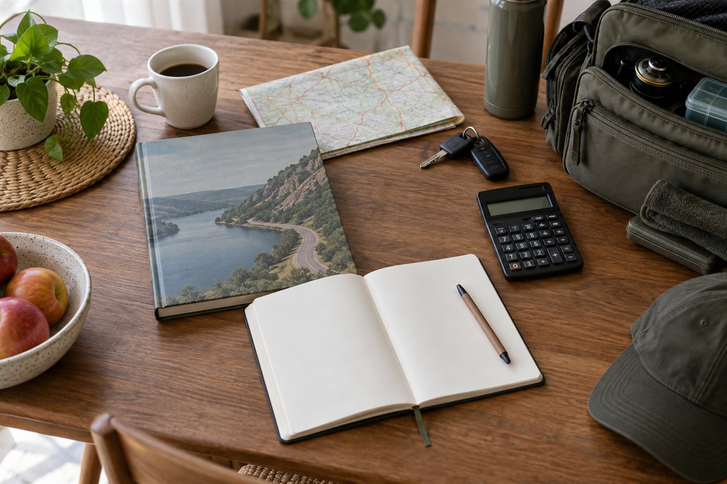 A blank notebook, calculator, map, car keys and fishing luggage arranged for trip budgeting