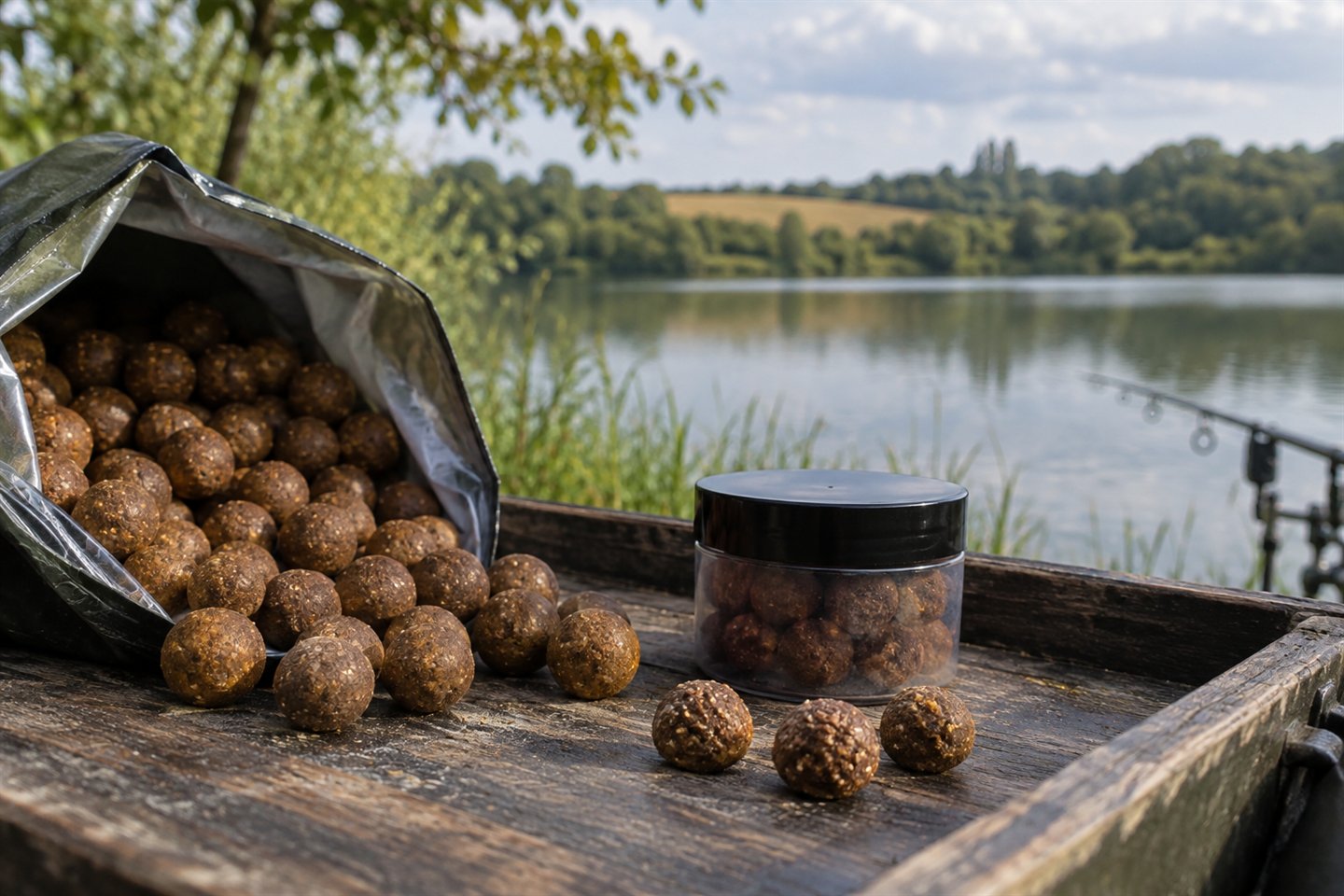 Brown carp boilies and a hookbait tub on a wooden tray beside a rural lake