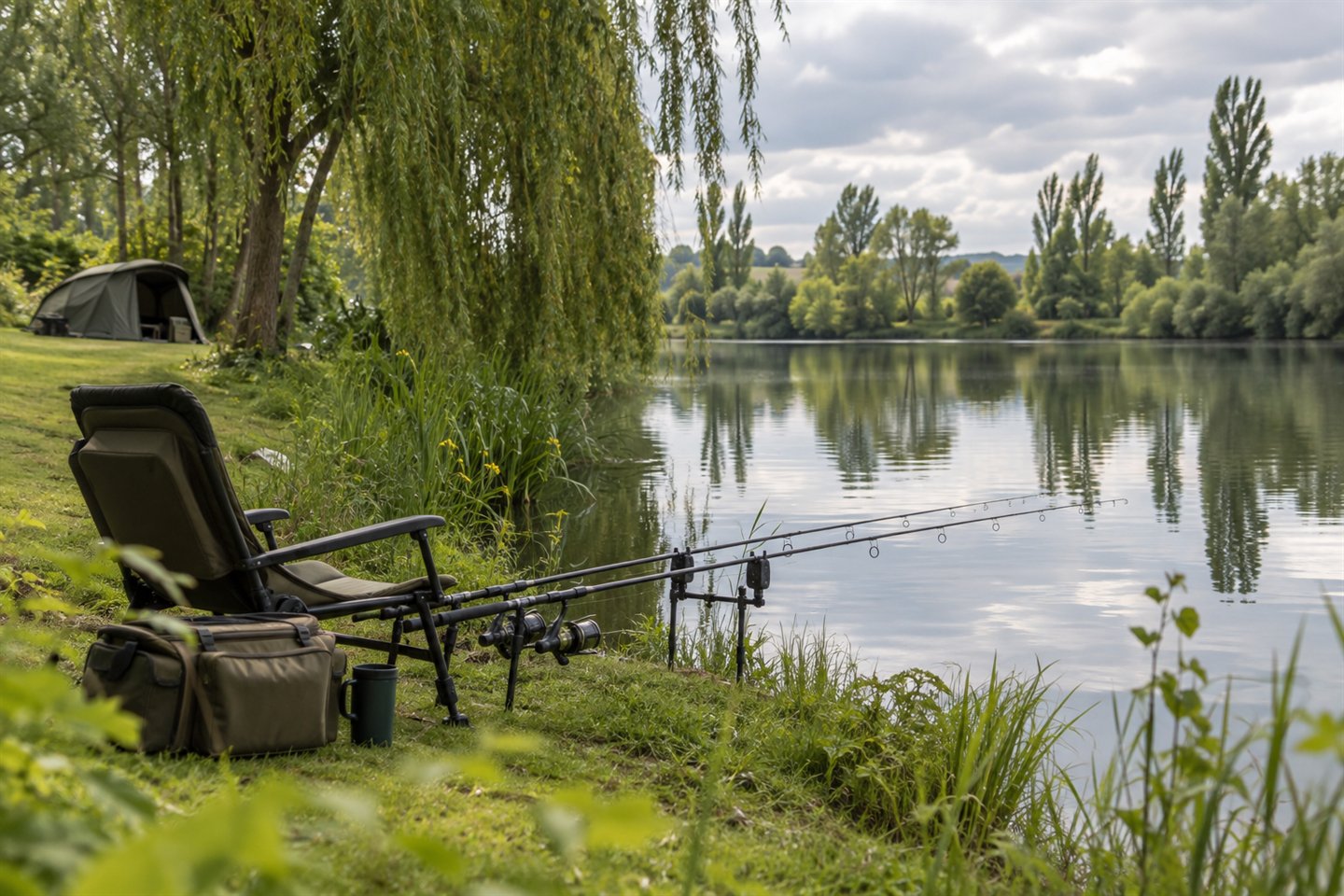 A Belgian-style carp lake with willows, fishing rods and an olive bivvy set back on grass