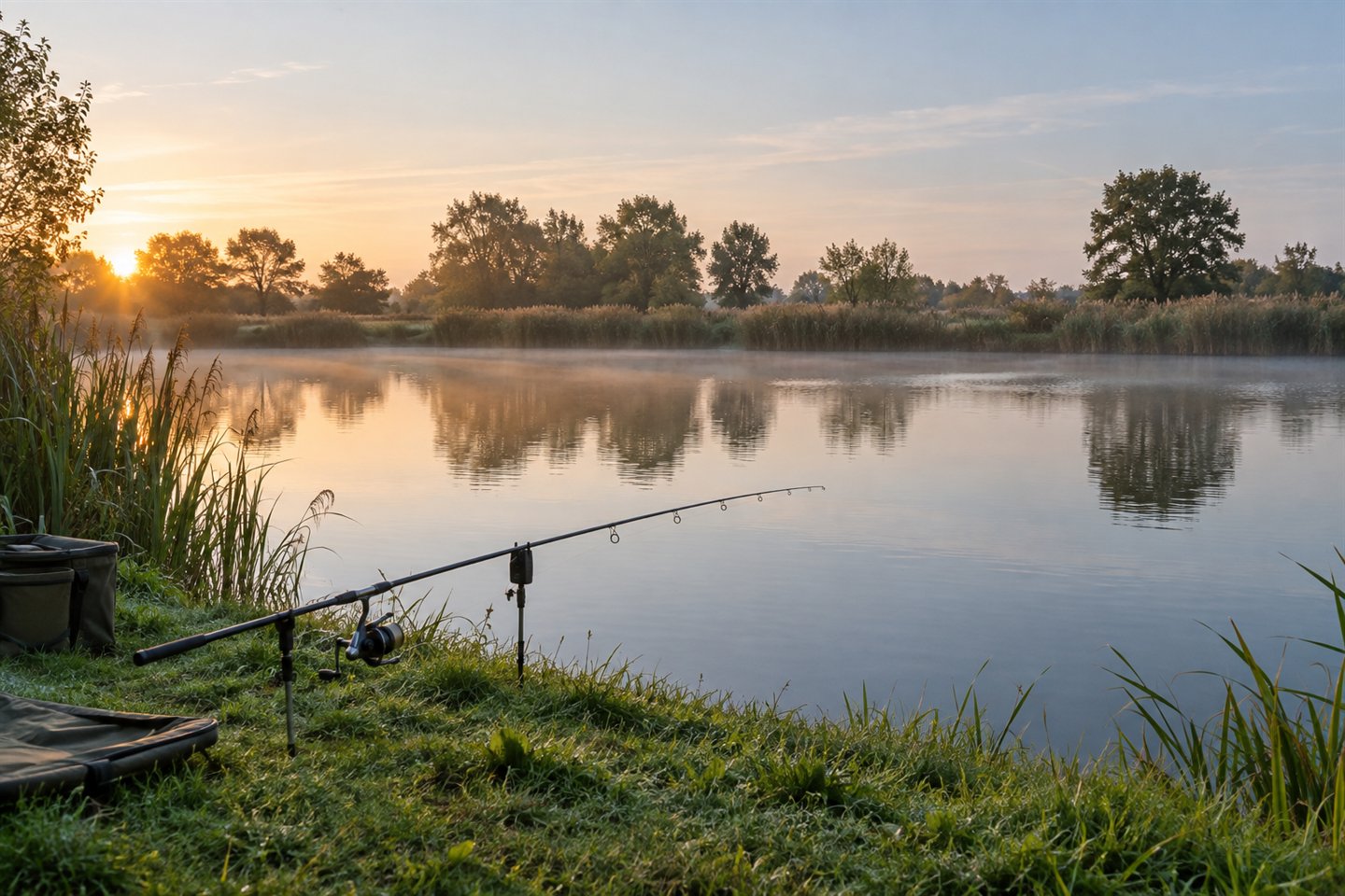 A supported carp rod on a grassy bank beside a reed-fringed lake at sunrise
