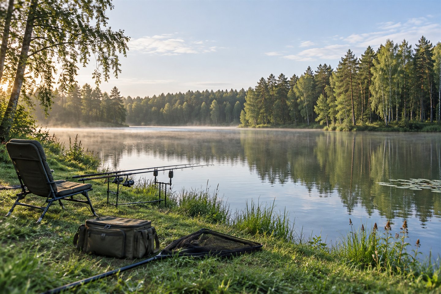 A woodland-fringed German-style lake with two carp rods, a landing net and a fishing chair