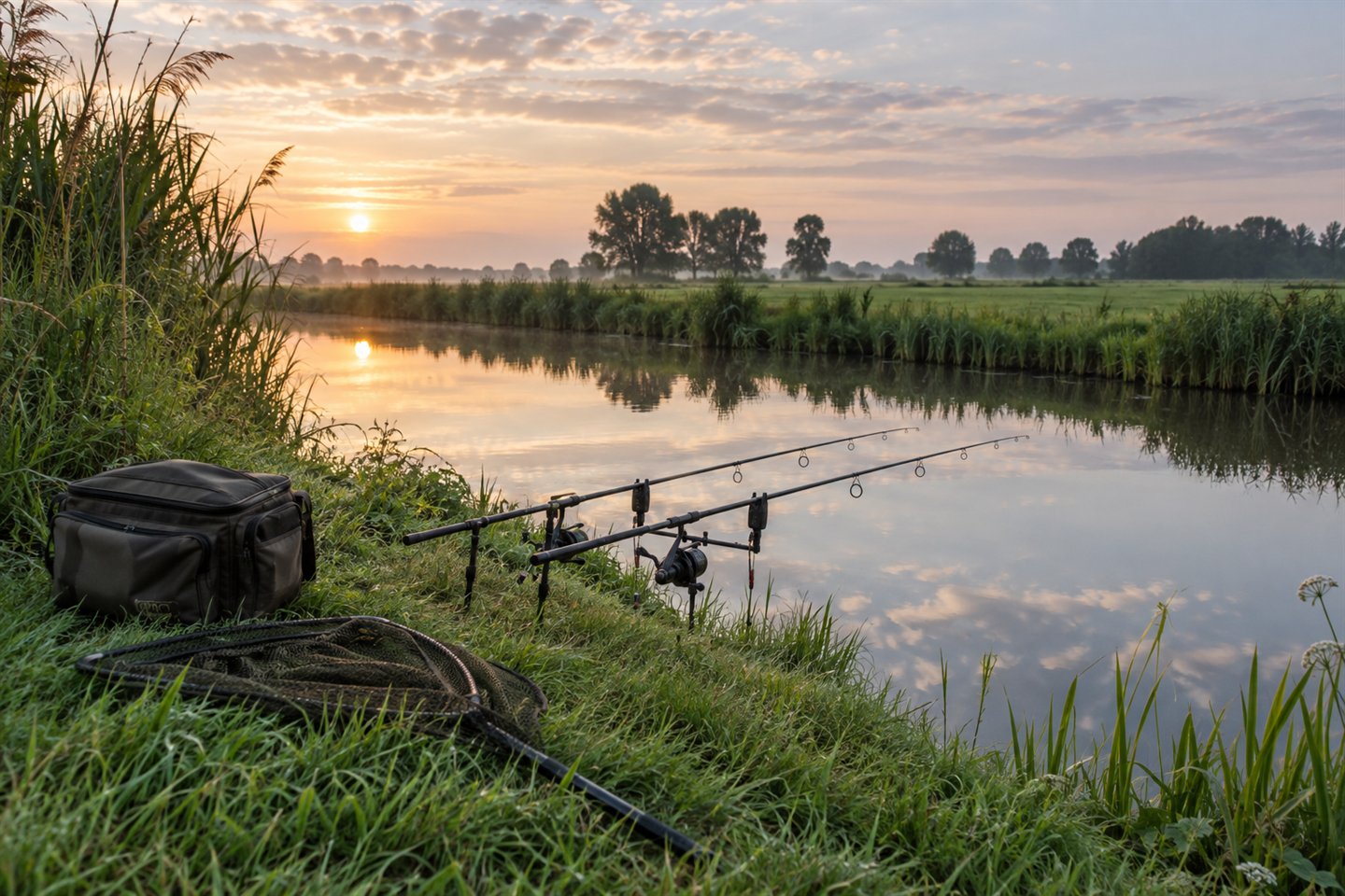 A flat Dutch-style waterway with reed margins, supported carp rods and a landing net