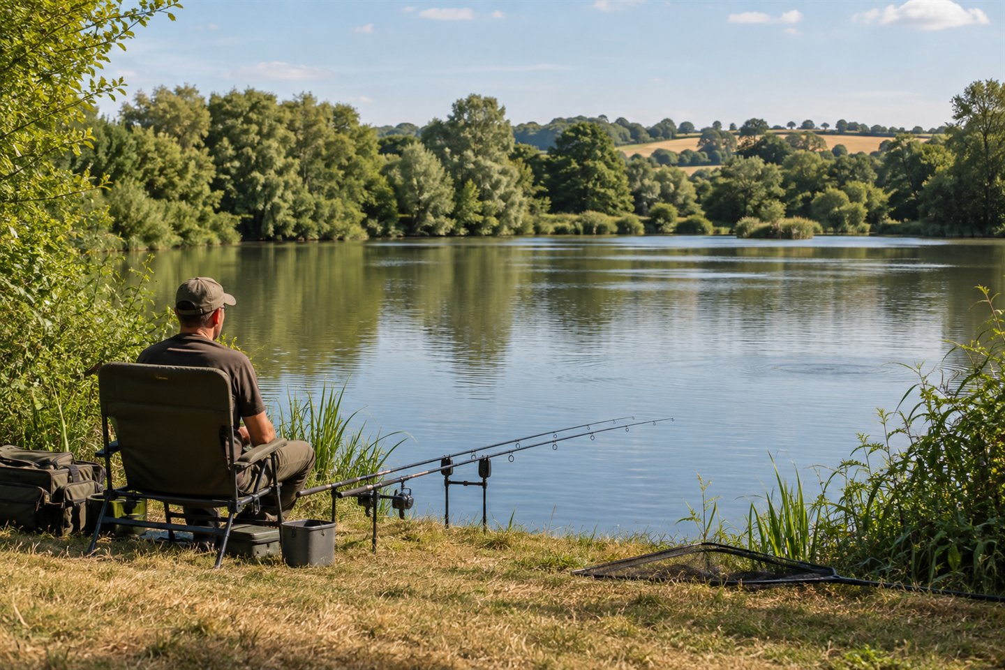 An angler beside a tree-lined lake with open countryside beyond