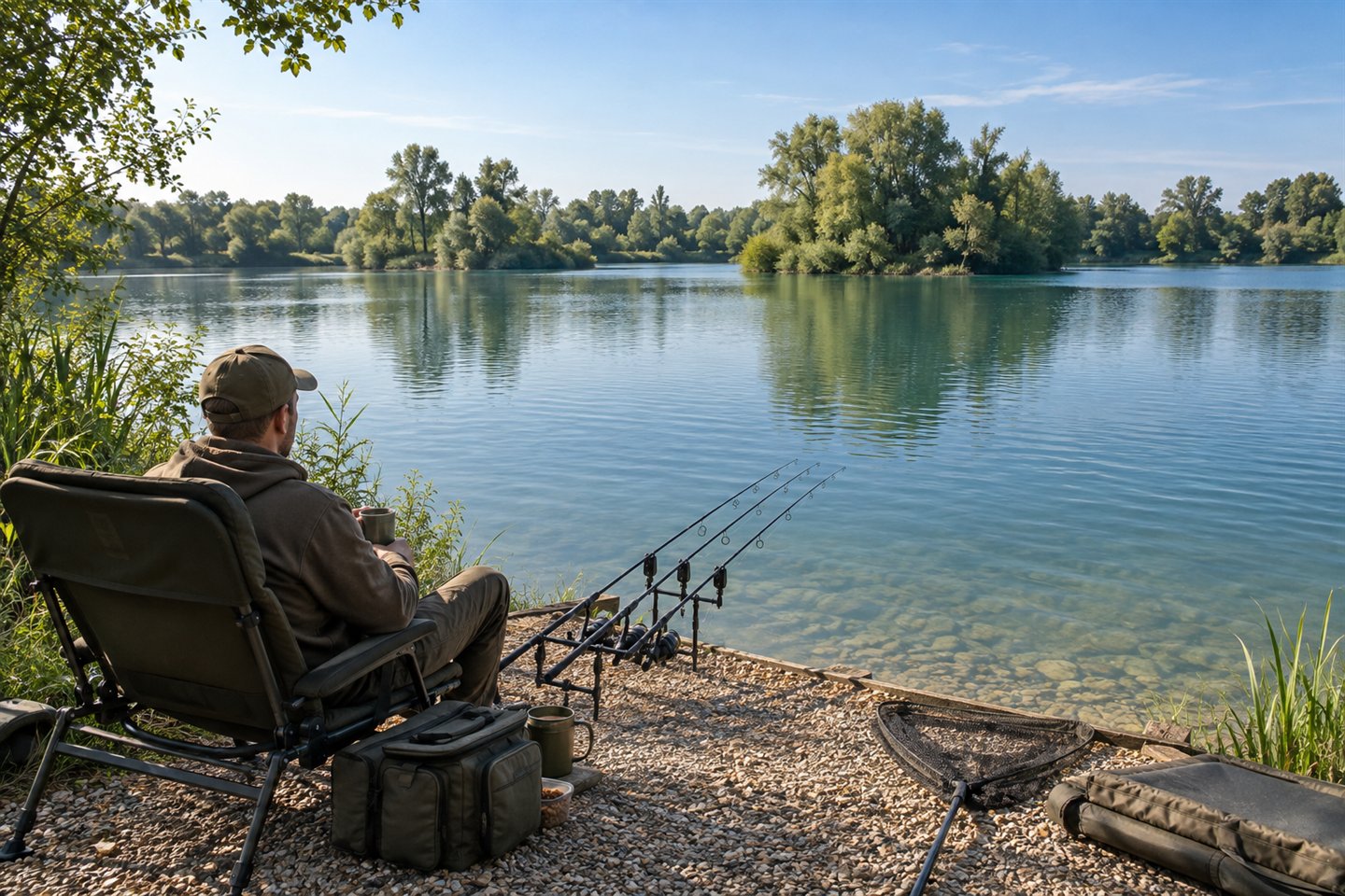 An angler fishing a gravel-bank swim overlooking wide water and tree-covered islands