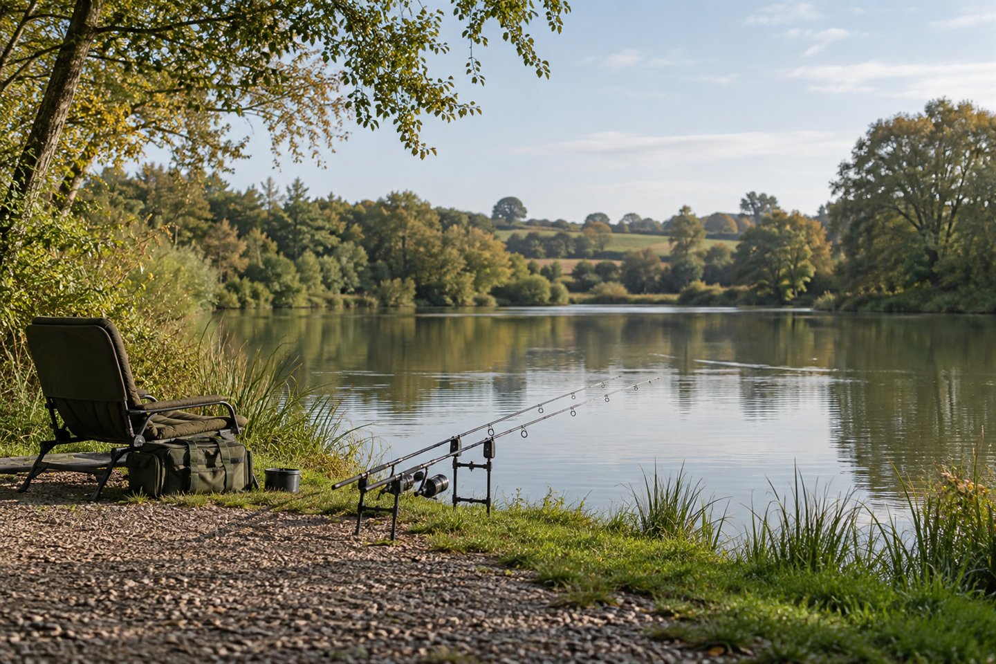 Two supported carp rods and a chair beside a country lake and level gravel path