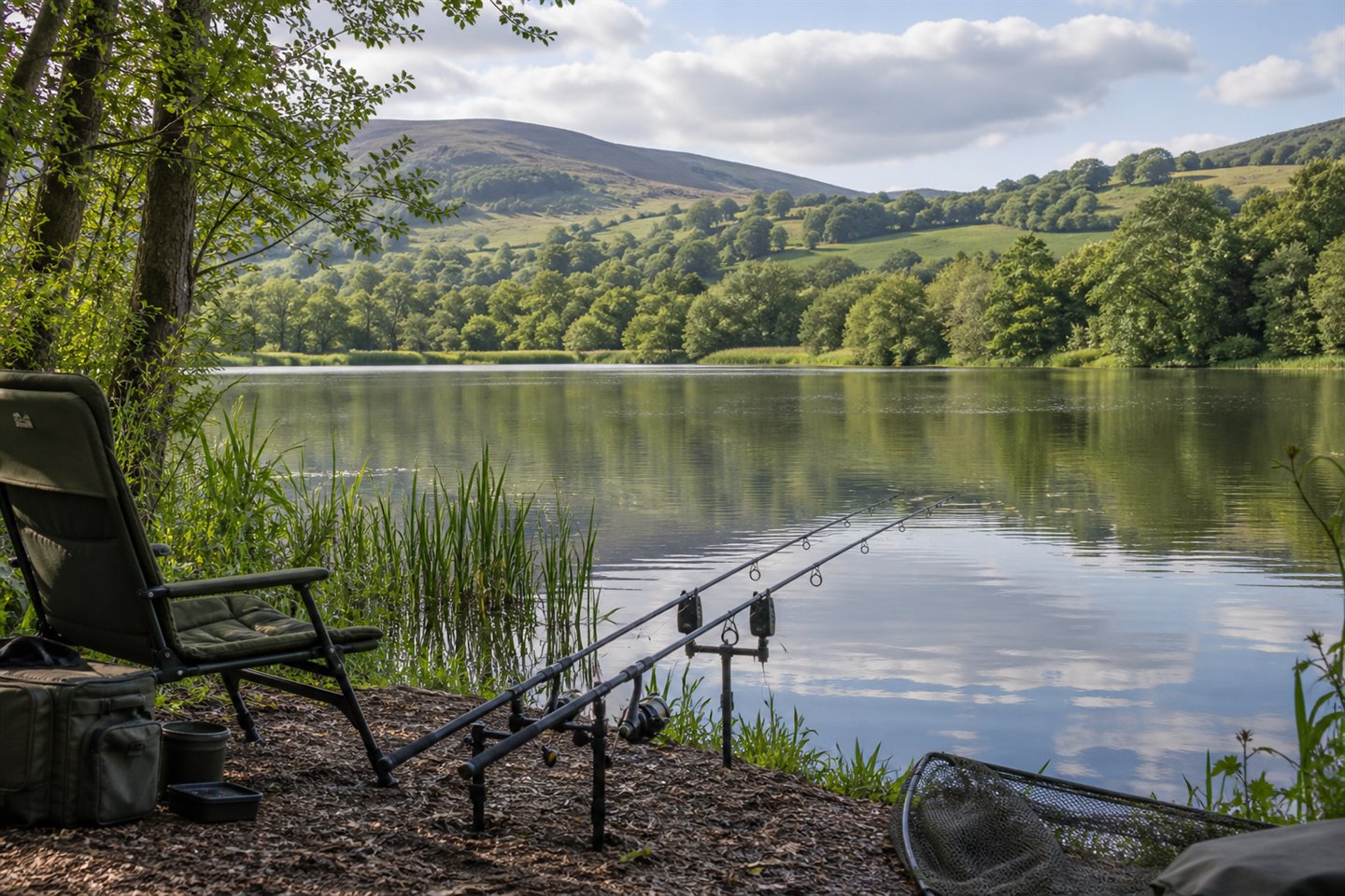 Two supported carp rods beside a sheltered lake with wooded hills and green pasture beyond