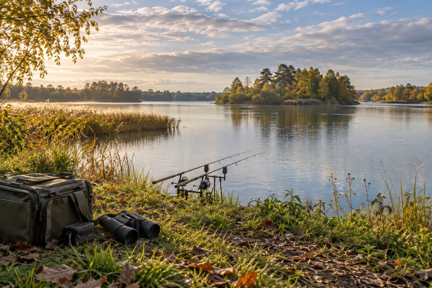 A broad gravel-pit lake with wooded islands, carp rods, a fishing bag and binoculars in the foreground