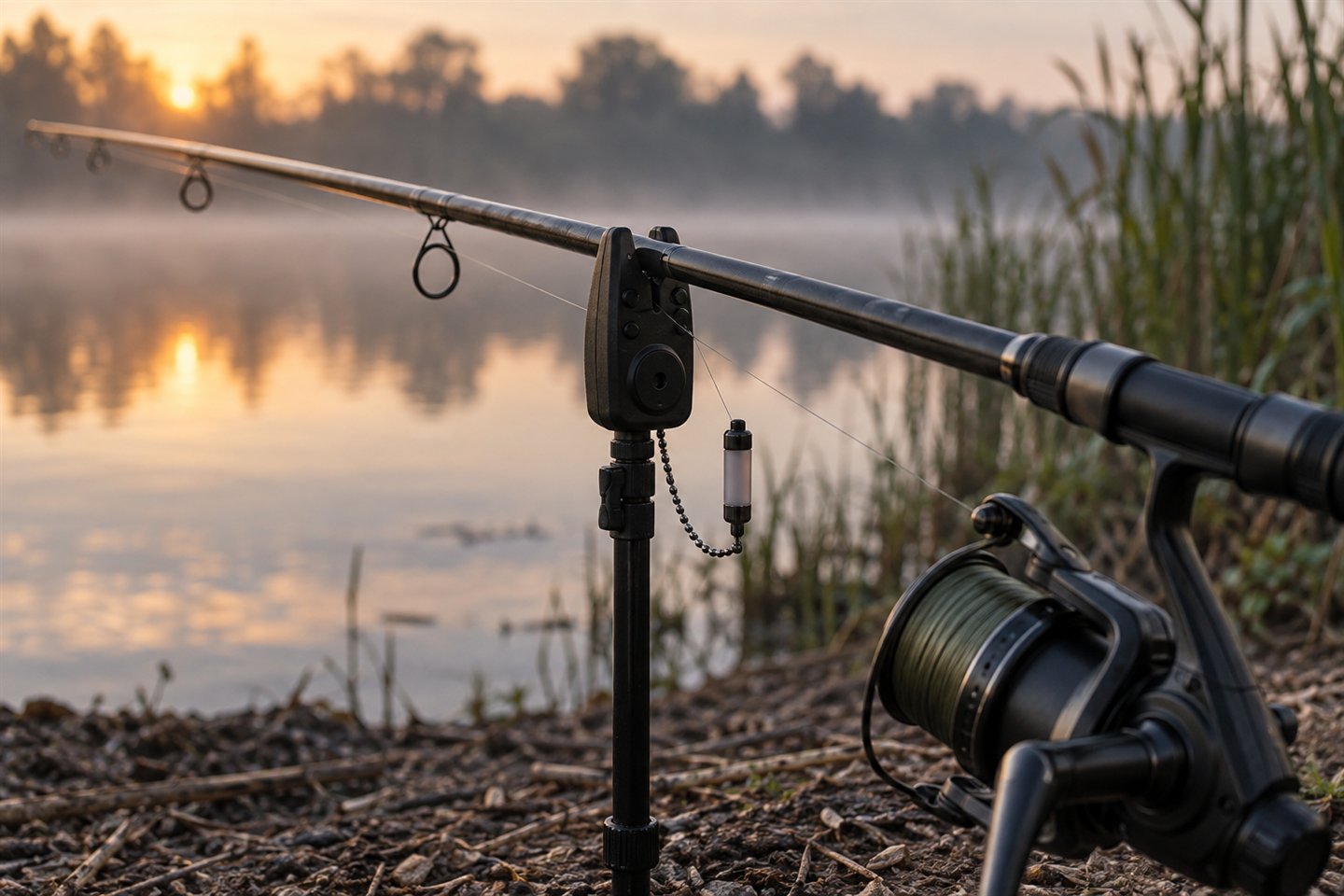 Close view of a carp rod resting on a bite alarm with a hanging bobbin above the lakeshore