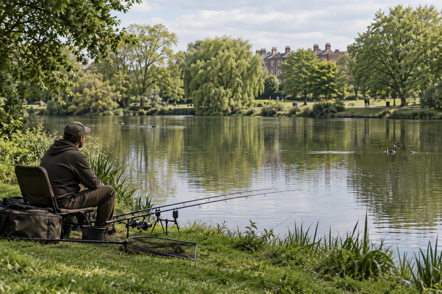 An angler with two rods on a grassy bank at an urban park lake with distant houses