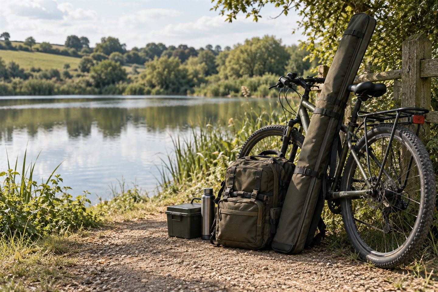 A bicycle, fishing rucksack and closed rod holdall beside a countryside lake