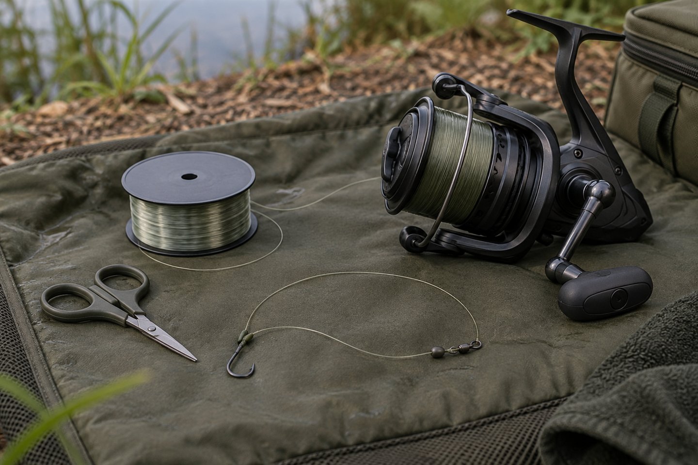 A carp reel, spare monofilament, scissors and a hooklink laid on an olive padded mat