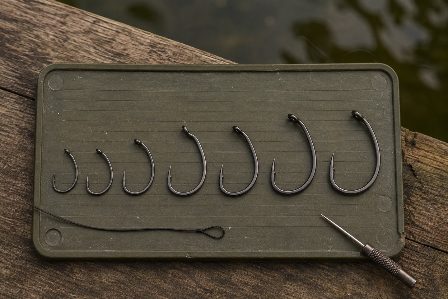 Several carp hook sizes and patterns arranged beside rig components
