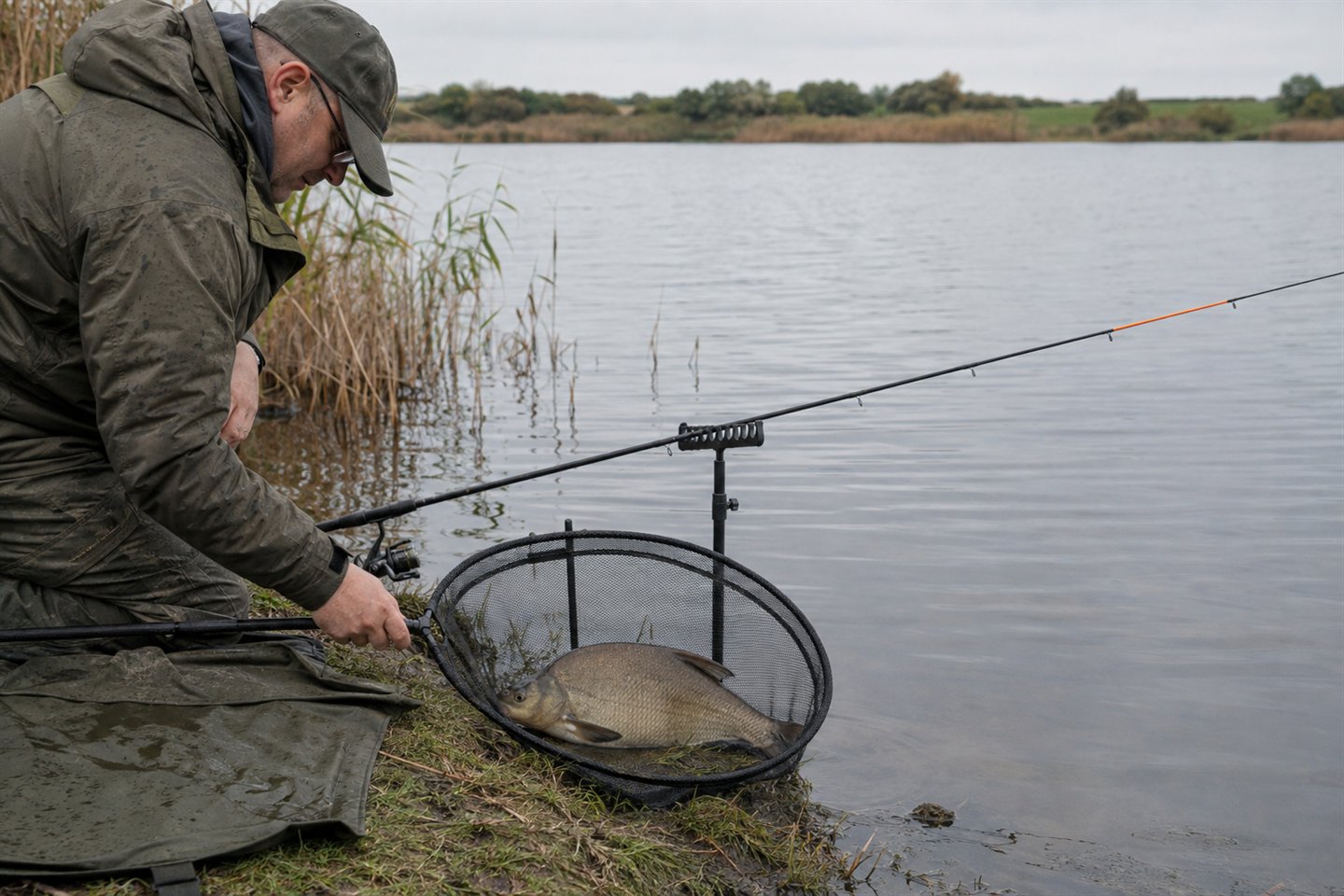 A cage feeder, groundbait and feeder rod arranged beside a broad stillwater holding common bream