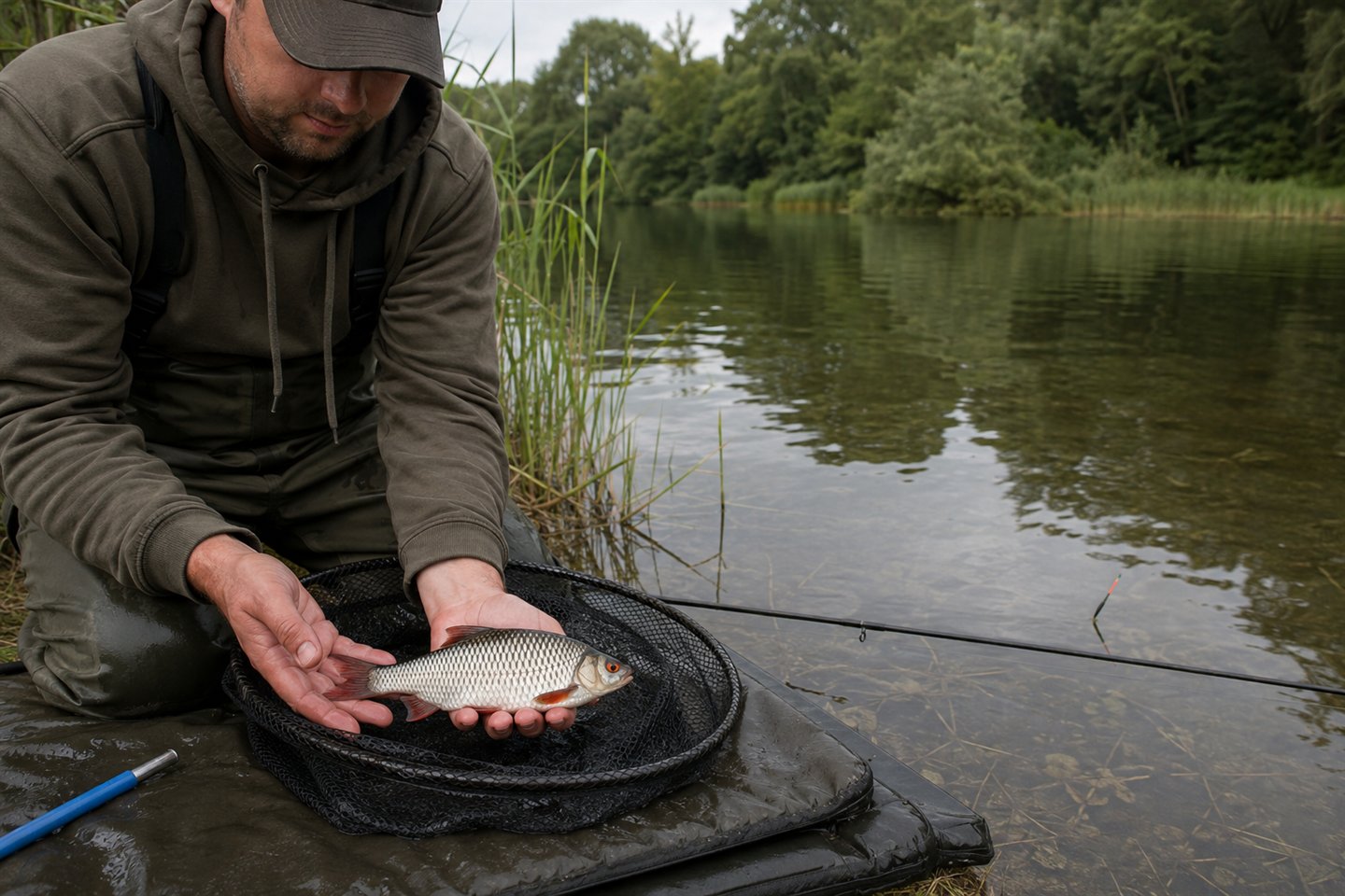 A sensitive waggler float, small hook and silver roach beside a calm mixed coarse fishery