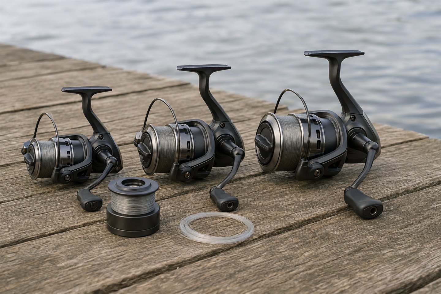 Three compact coarse fishing reels with different spool sizes arranged beside float and feeder rods