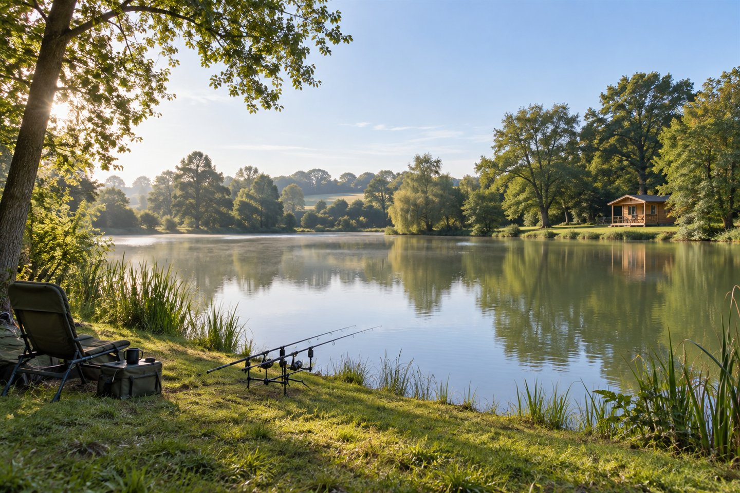 A rural French-style carp lake with a tidy fishing swim and a small cabin on the far bank