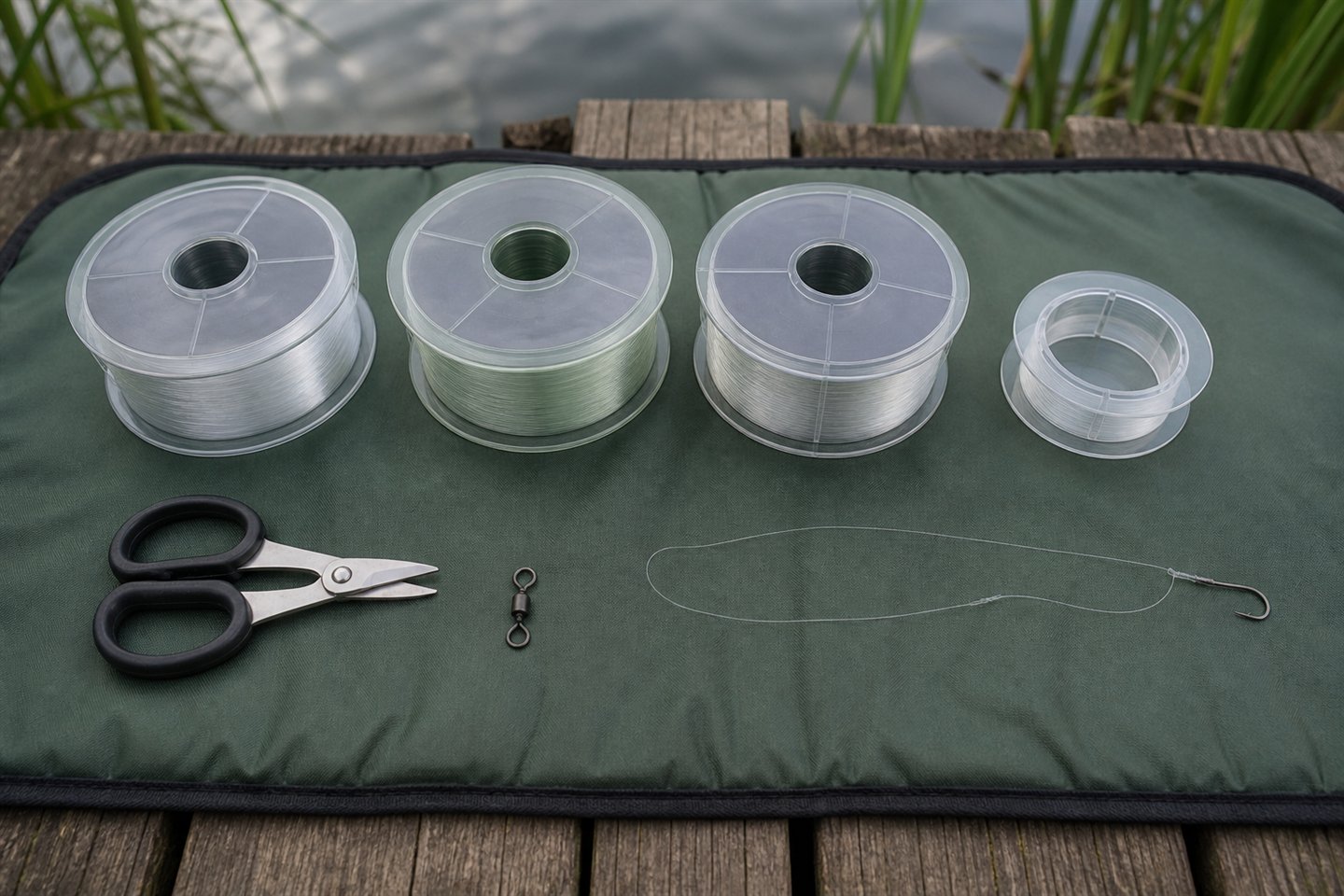 Labelled coarse fishing main-line and hooklength spools beside a float rig, feeder rig and line cutters