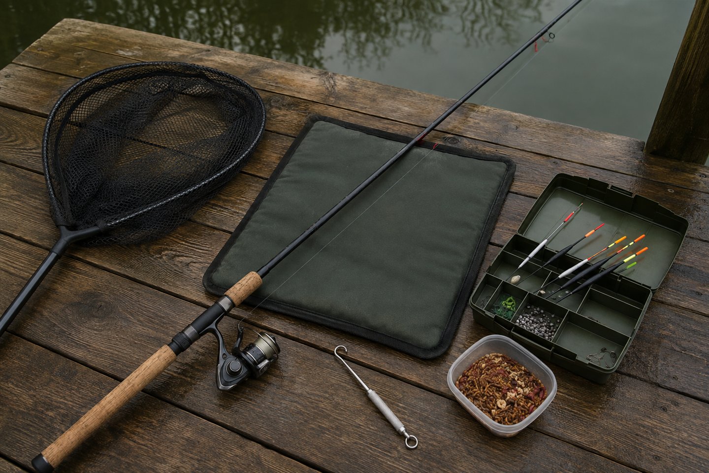 Beginner coarse fishing rod, reel, landing net, floats and unhooking tools arranged neatly beside a stillwater peg
