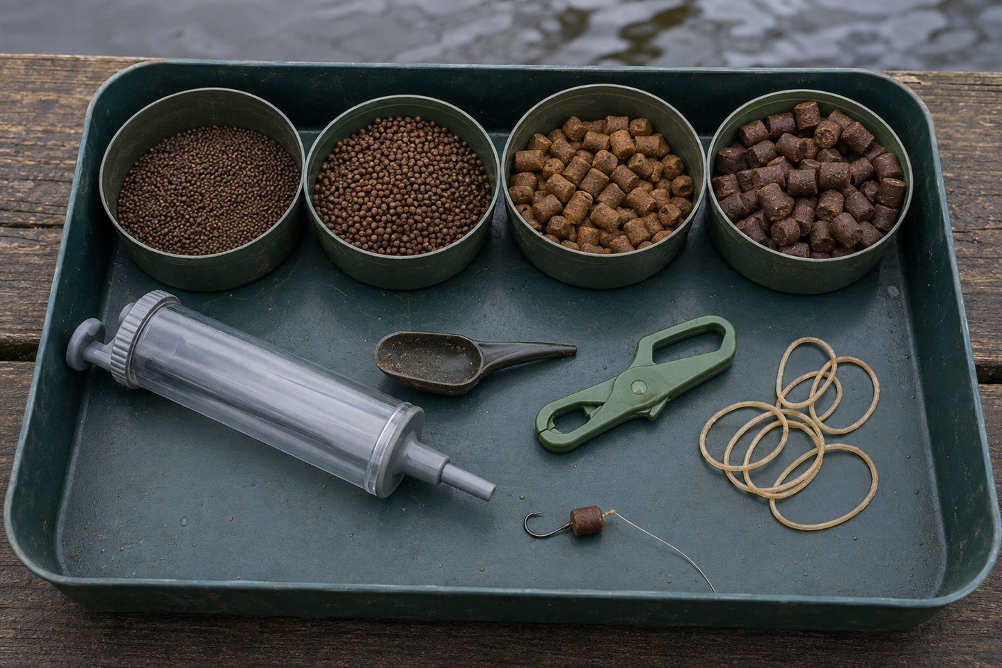 Two, four and six millimetre coarse-fishing pellets beside a pellet pump, bander and pole float rig