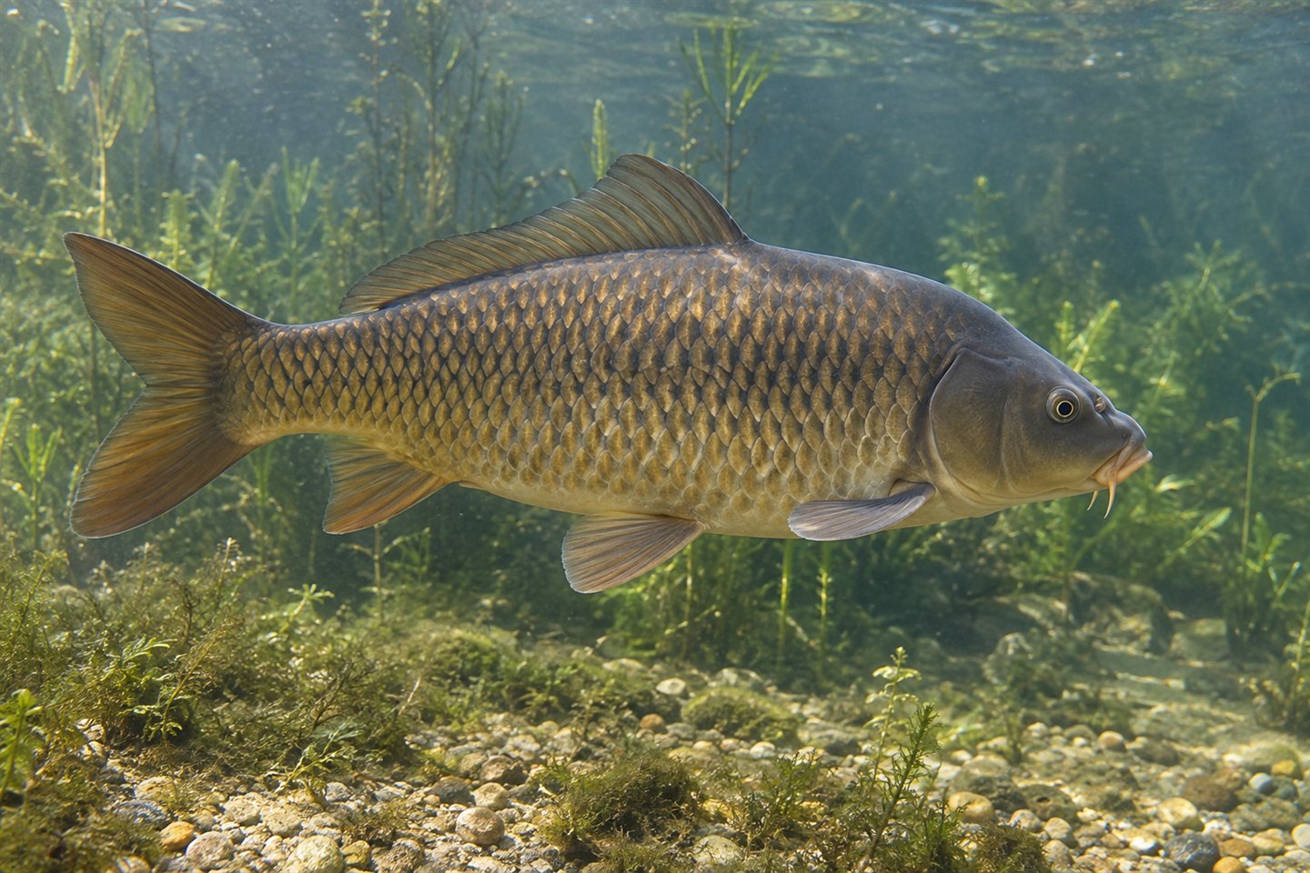 An underwater side view of a bronze-scaled common carp above a gravel and weed lakebed
