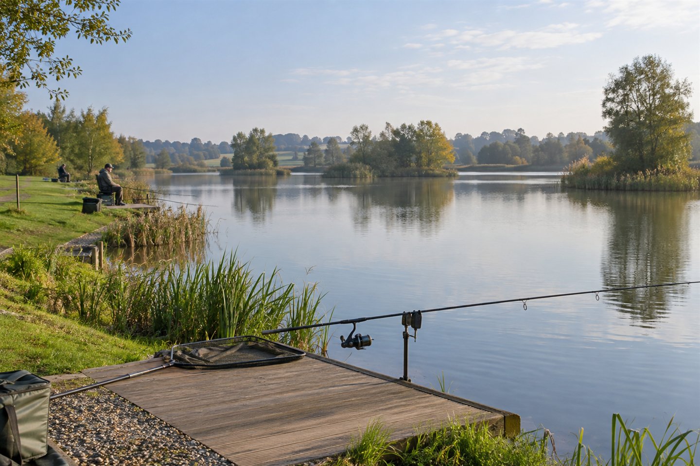 A supported carp rod and landing net overlooking a managed English lake with anglers in neighbouring swims