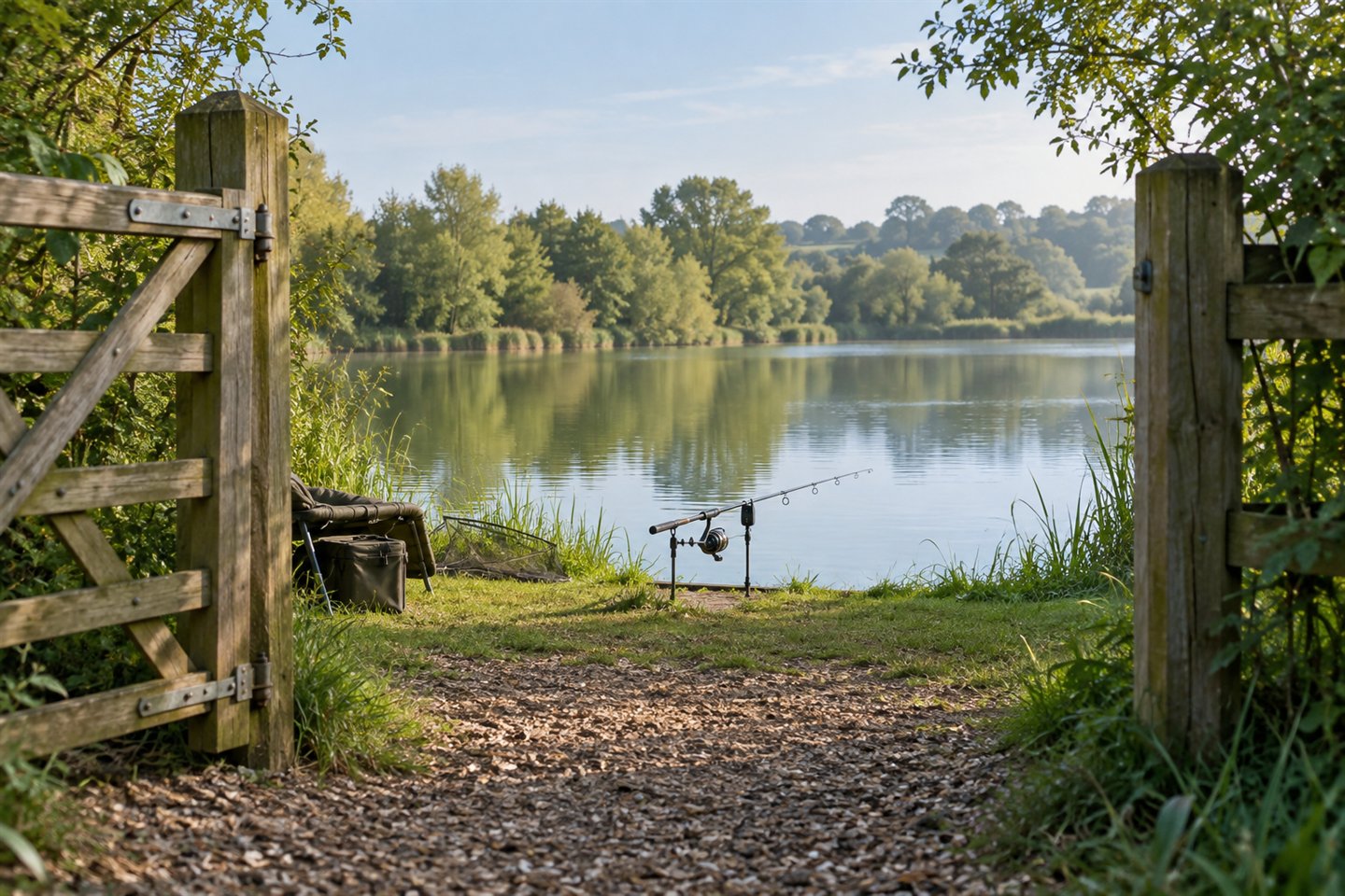An open wooden gate leading to a quiet carp-fishing swim with a supported rod beside a lake