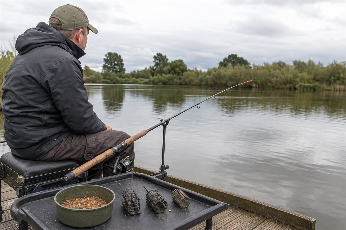 Simple free-running cage feeder rig and quivertip rod prepared beside a coarse fishery