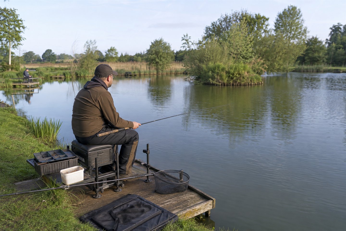Beginner coarse fishing tackle arranged neatly beside a mixed-species commercial lake peg