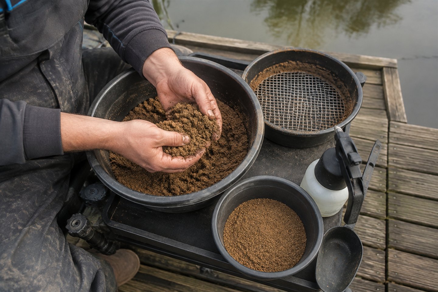 Evenly mixed coarse-fishing groundbait passing through a riddle into a round bowl