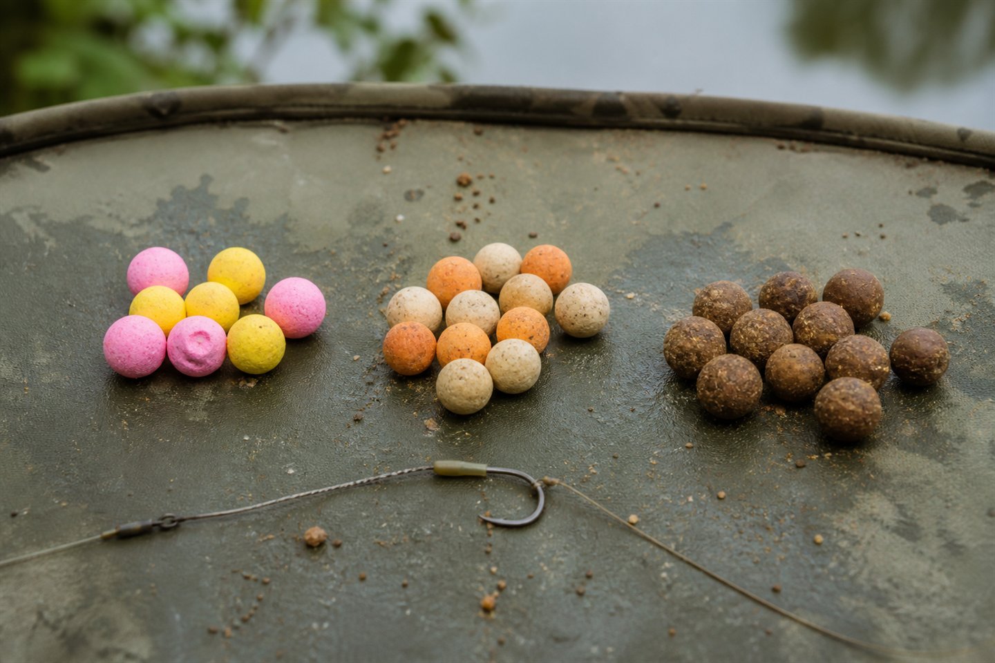 Three groups of carp pop-ups, wafters and bottom baits beside a hair rig