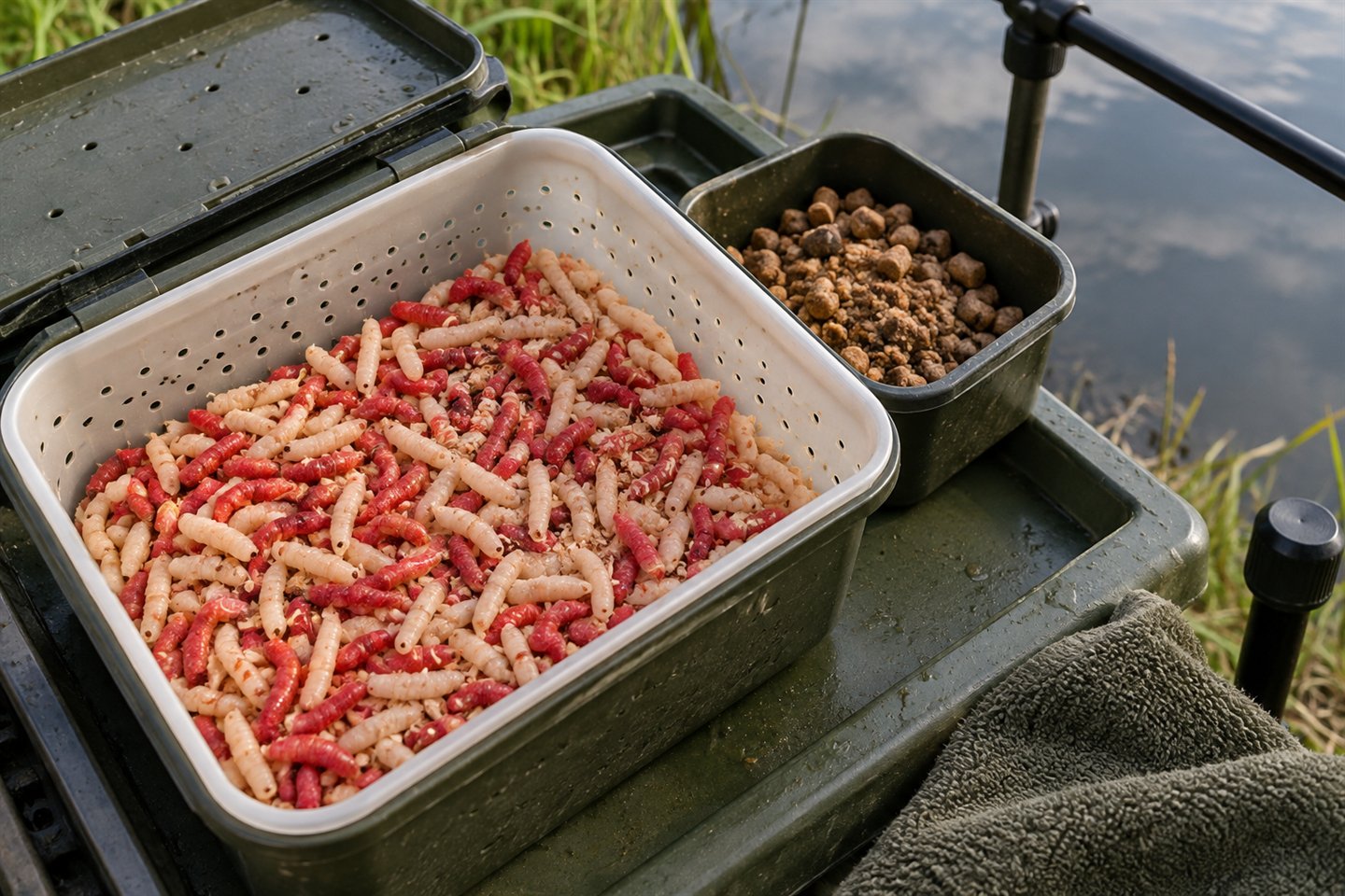 Red and white fishing maggots in a ventilated bait box on a bankside tray