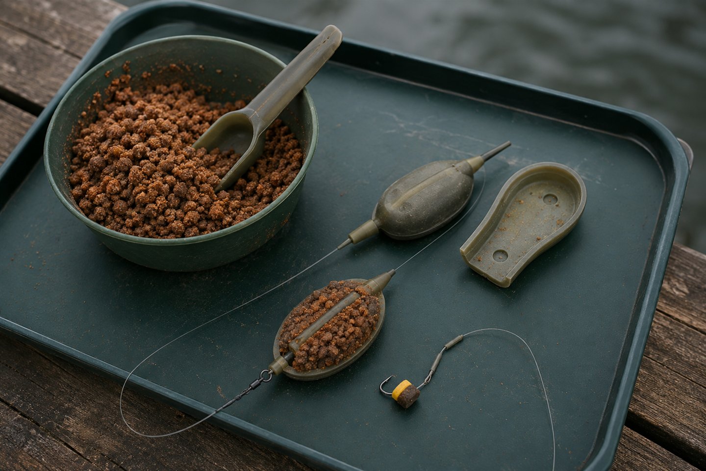 Inline Method feeder beside a matching mould, prepared micro pellets and small coarse hookbaits