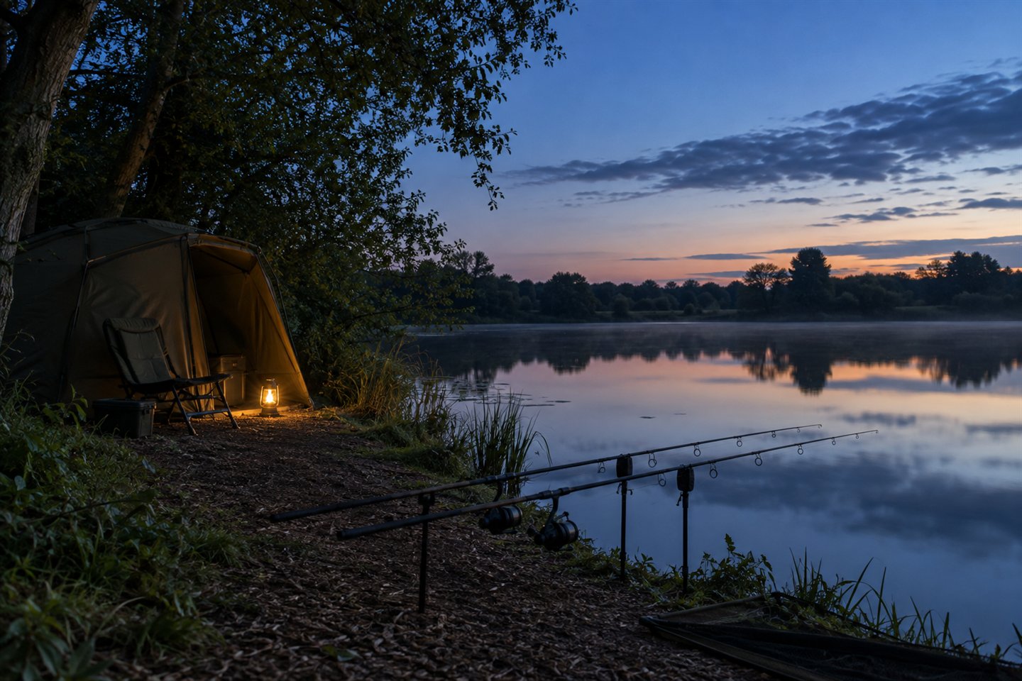 An olive bivvy, two supported carp rods and a landing net beside an English lake at blue hour