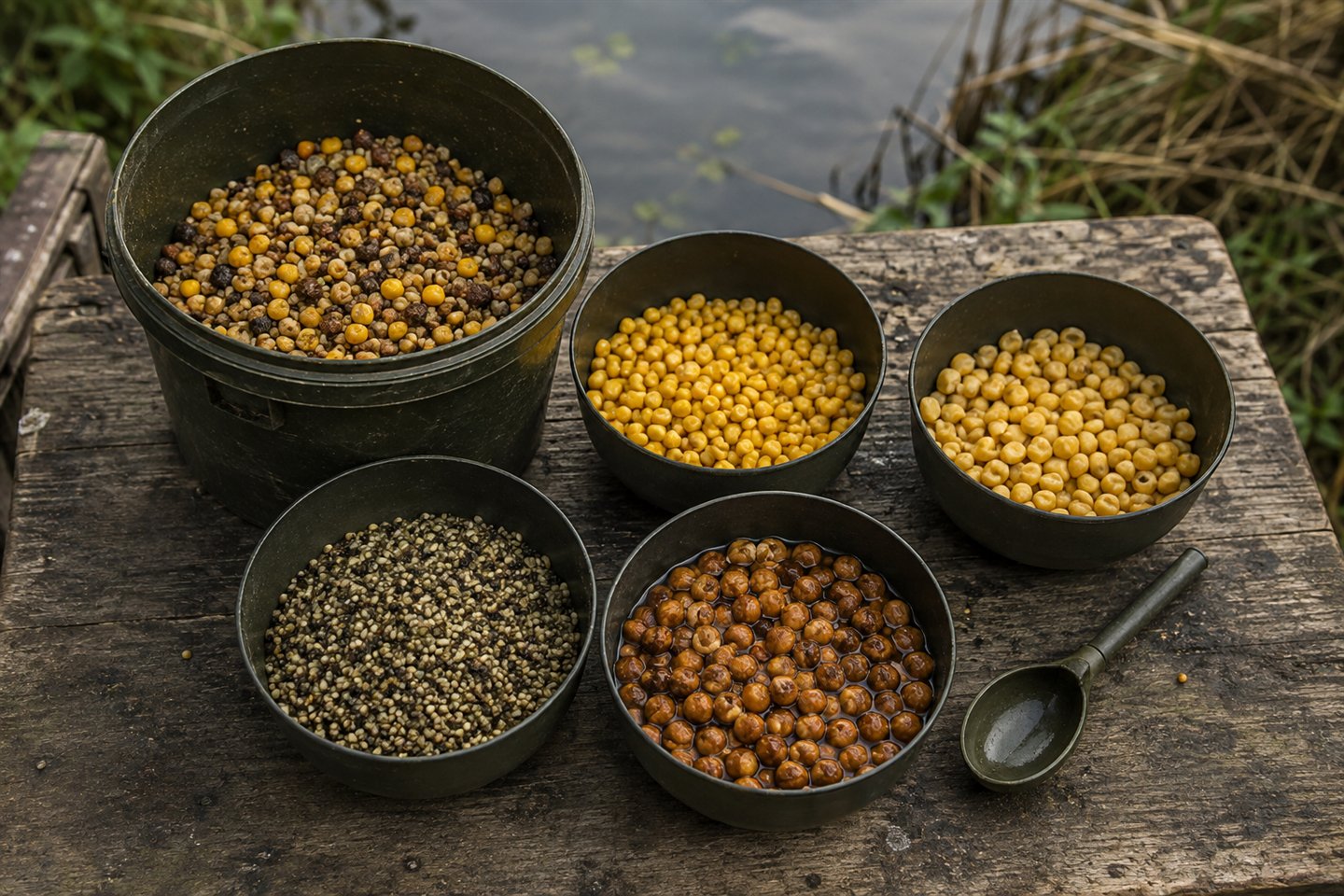 Prepared hemp, maize and tiger nuts arranged beside a carp fishing baiting scoop