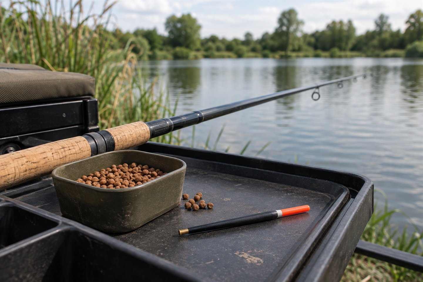 A pellet waggler float, brown pellets and a cork-handled rod on a lakeside tackle tray