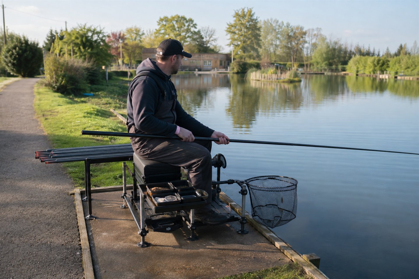 Beginner coarse angler shipping a take-apart pole over a roller beside a stillwater