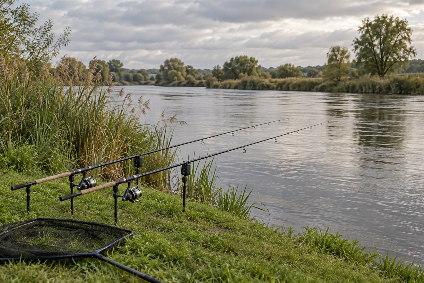 Two supported carp rods and a landing net on a grassy bank beside a gently flowing English river