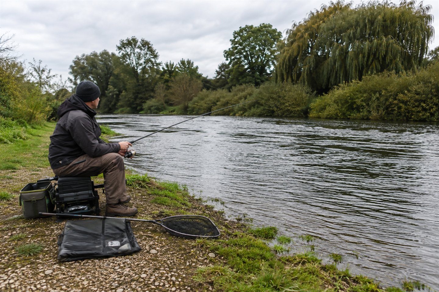 A simple float and feeder setup on a safe grassy peg beside a steady British river