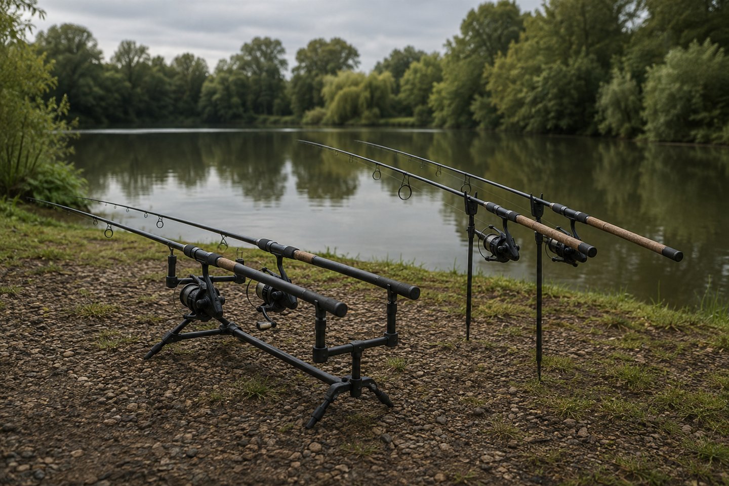 A carp rod pod and individual banksticks set up side by side beside a UK lake