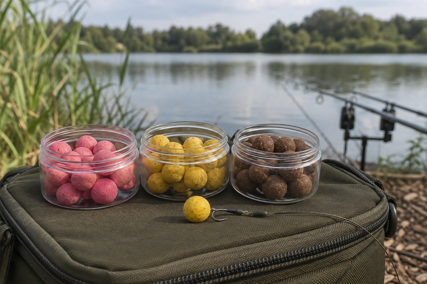 Pink, yellow and brown hookbaits in clear tubs with a single yellow hookbait on a tackle pouch