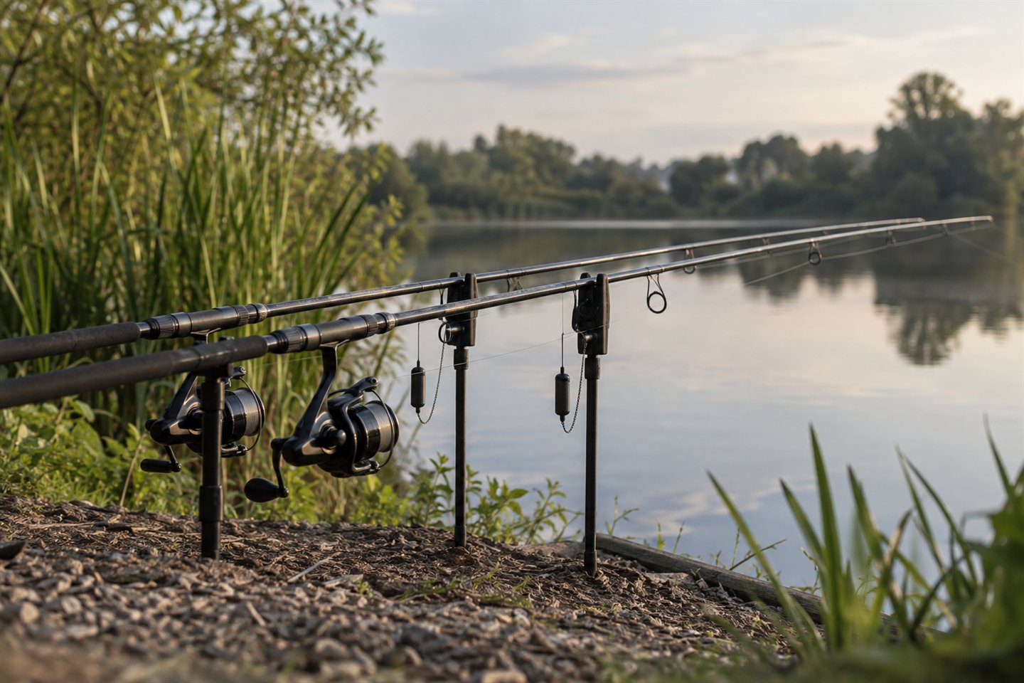 Two carp rods with fixed-spool reels, bite alarms and hanging bobbins beside a quiet lake